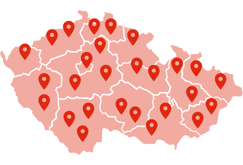Mapa České republiky s vyznačenými lokalitami realizací IZOLAP